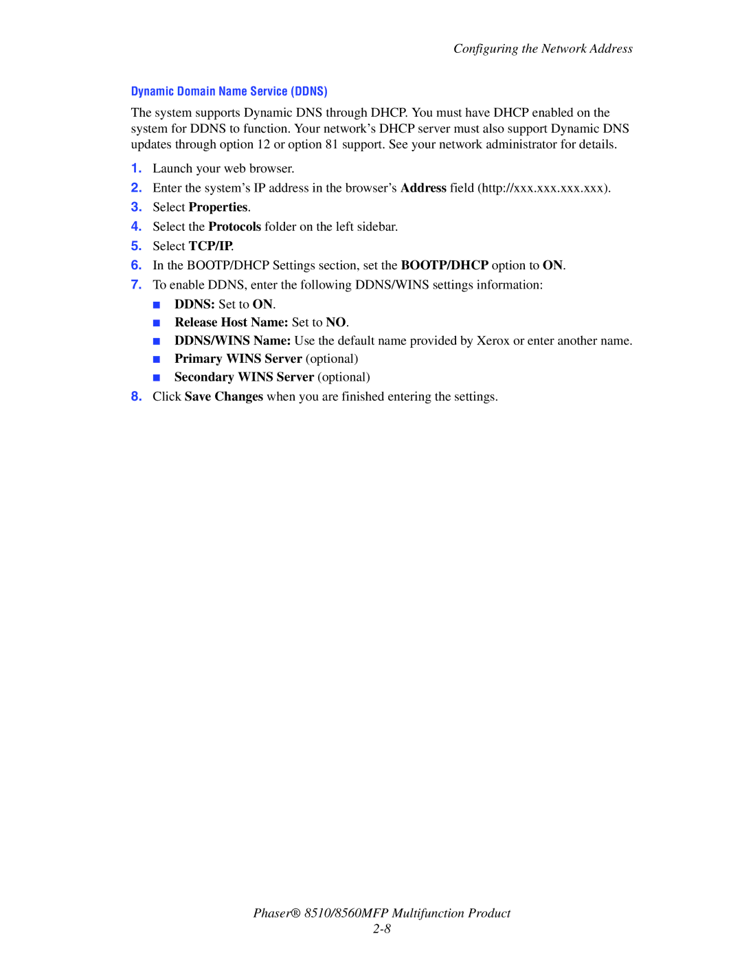 Xerox 8510 manual Ddns Set to on Release Host Name Set to no 