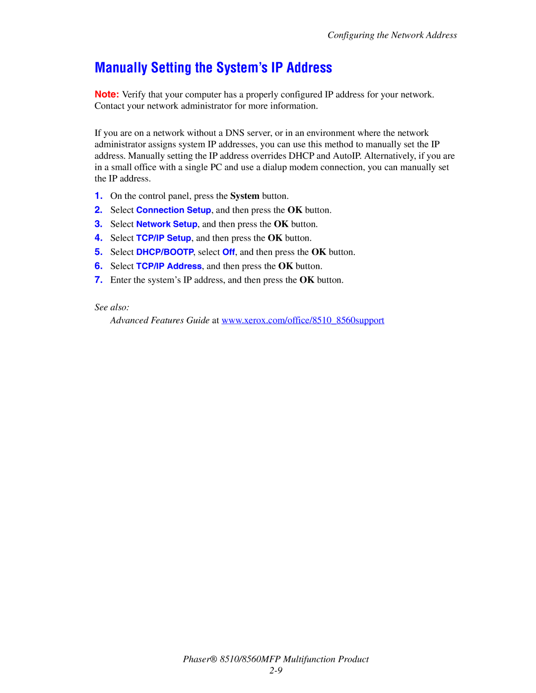 Xerox 8510 manual Manually Setting the System’s IP Address 