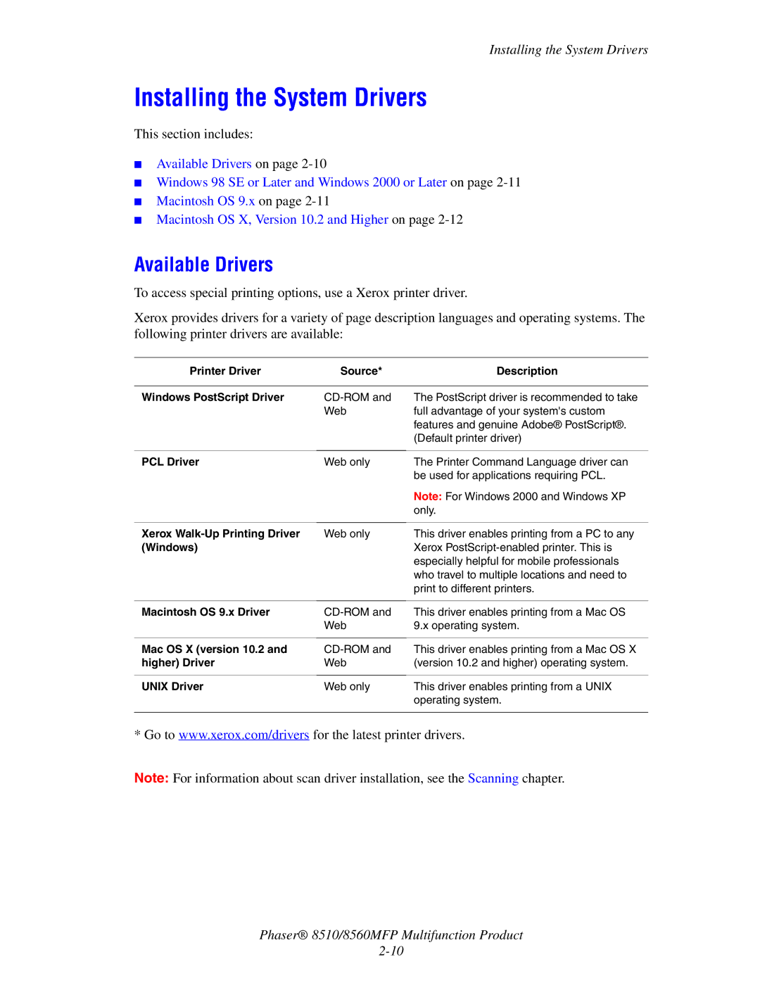 Xerox 8510 manual Installing the System Drivers, Available Drivers 