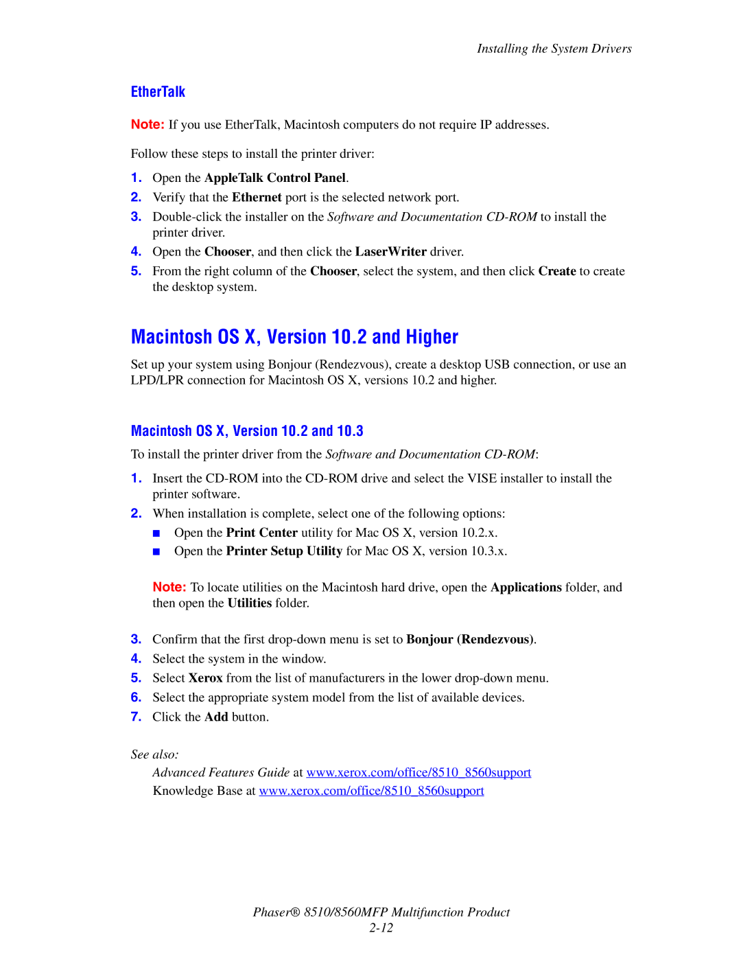 Xerox 8510 manual Macintosh OS X, Version 10.2 and Higher, EtherTalk 