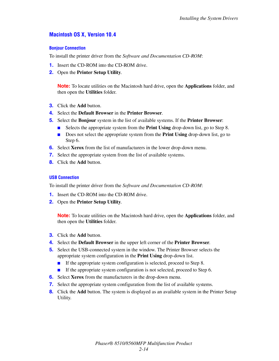 Xerox 8510 manual Macintosh OS X, Version, Select the Default Browser in the Printer Browser 