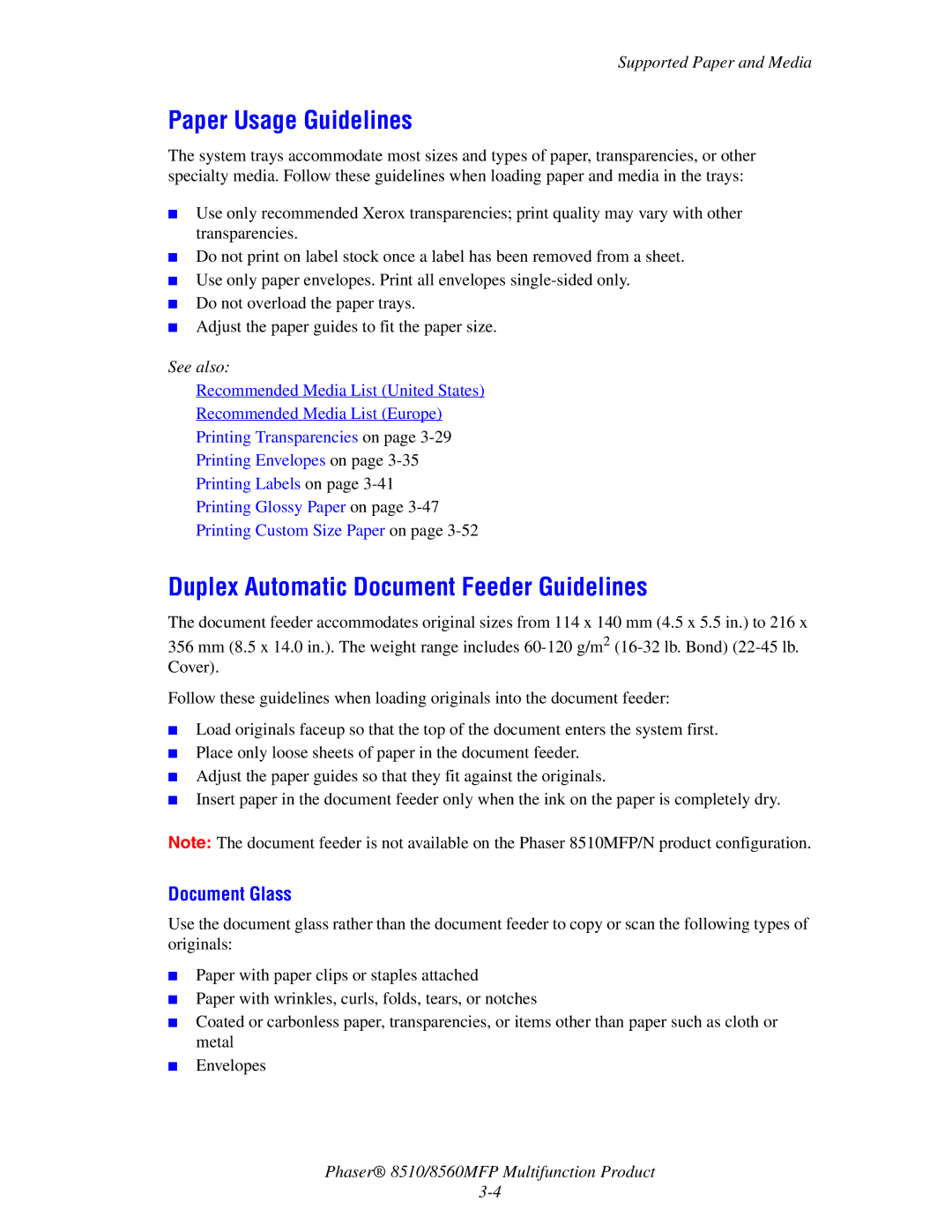 Xerox 8510 manual Paper Usage Guidelines, Duplex Automatic Document Feeder Guidelines, Document Glass 