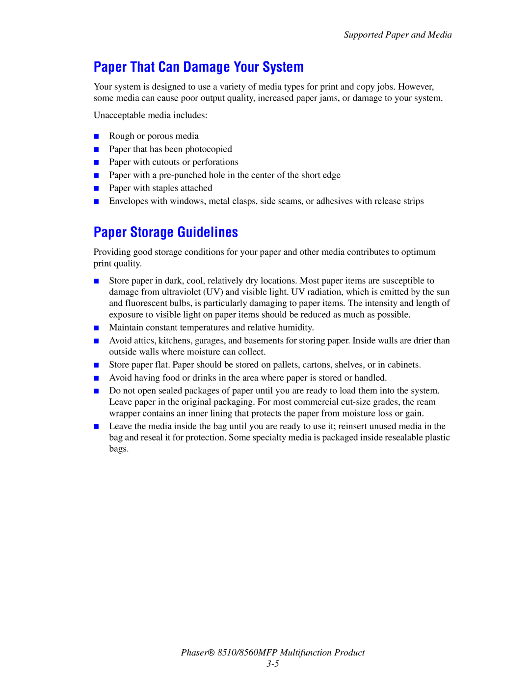 Xerox 8510 manual Paper That Can Damage Your System, Paper Storage Guidelines 