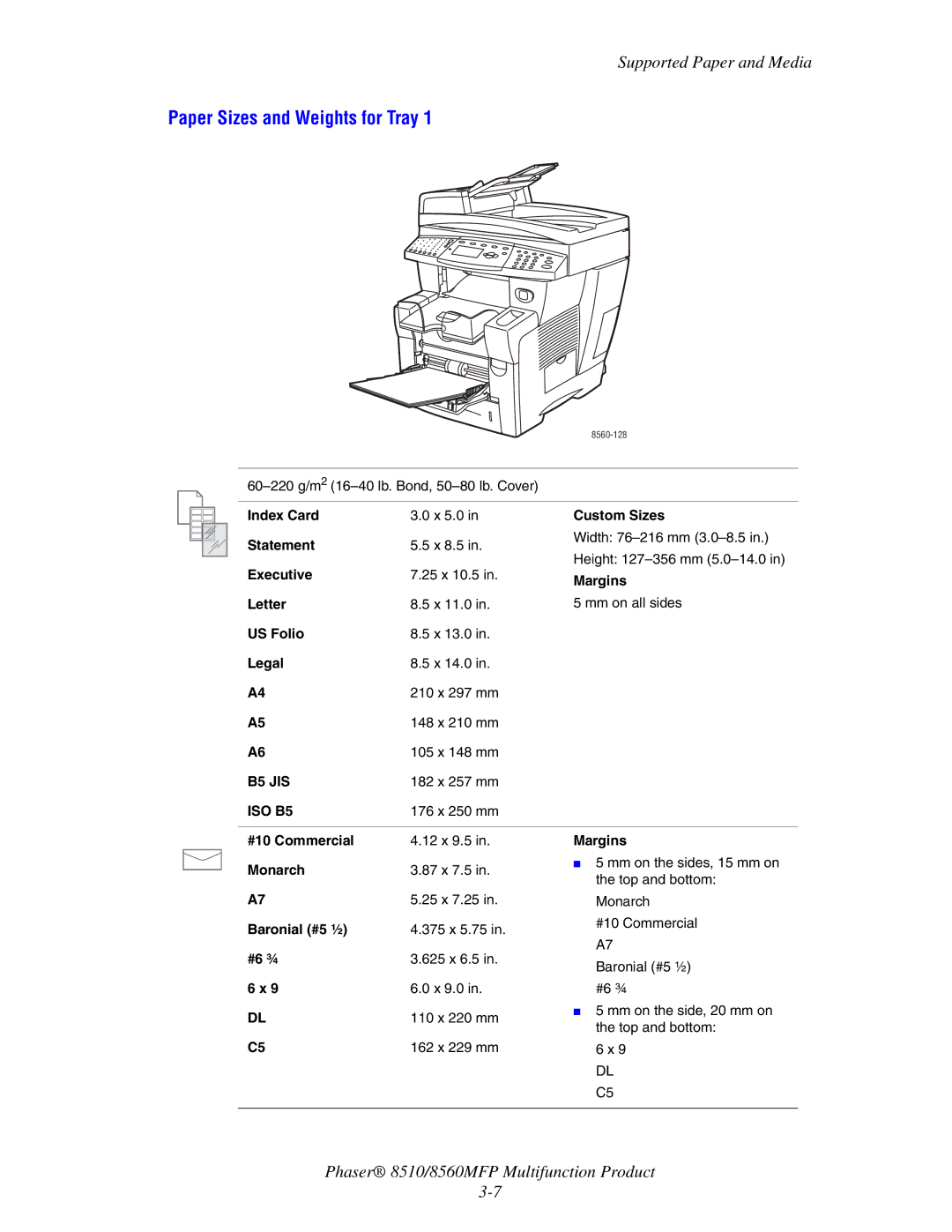 Xerox 8510 manual Paper Sizes and Weights for Tray 