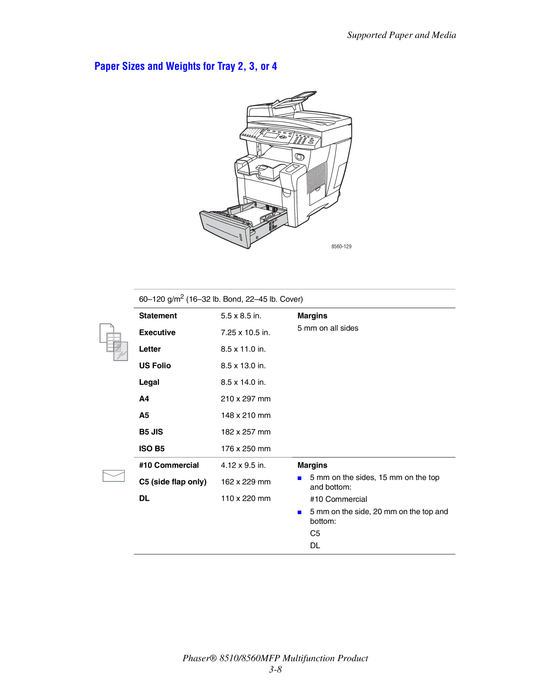 Xerox 8510 manual Paper Sizes and Weights for Tray 2, 3, or, C5 side flap only 