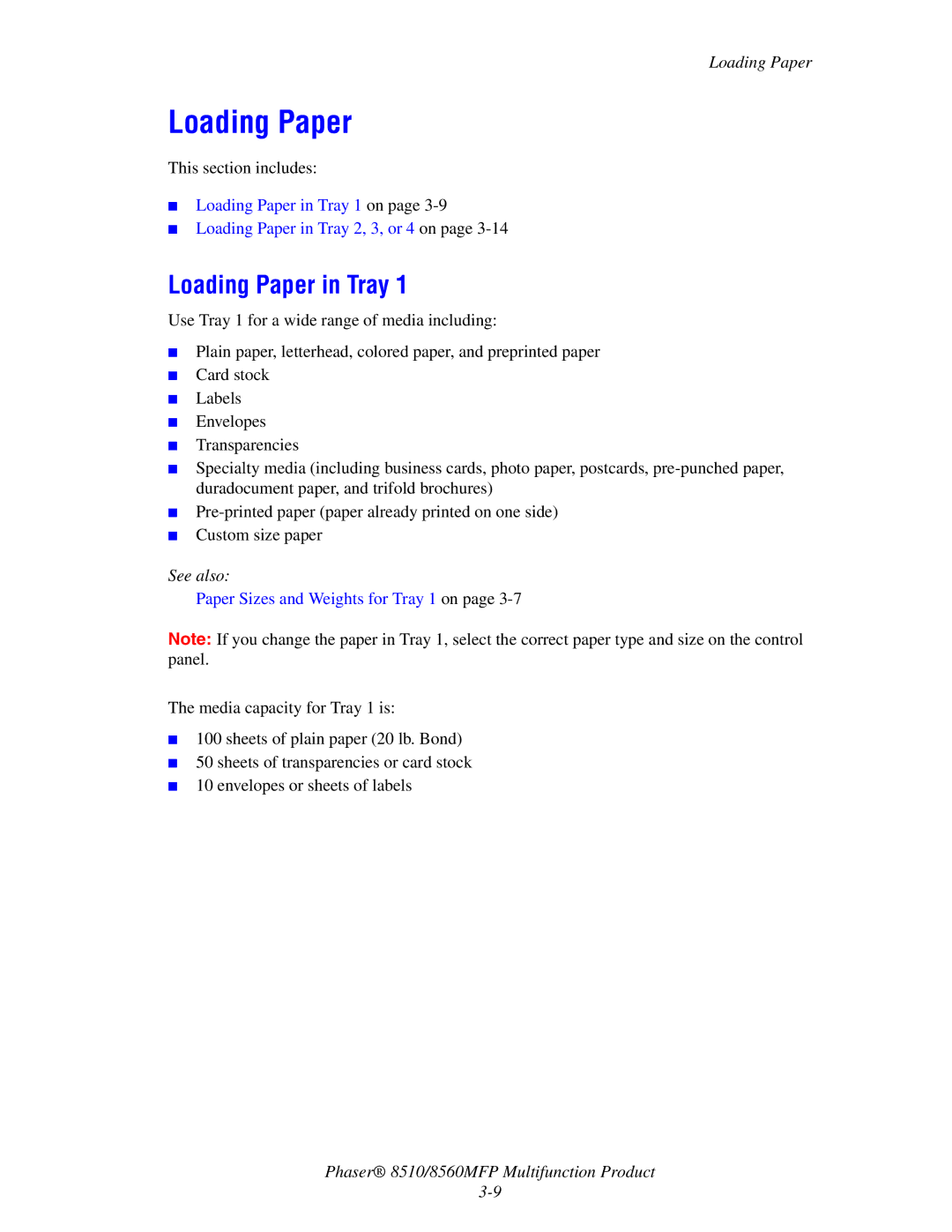 Xerox 8510 manual Loading Paper in Tray 