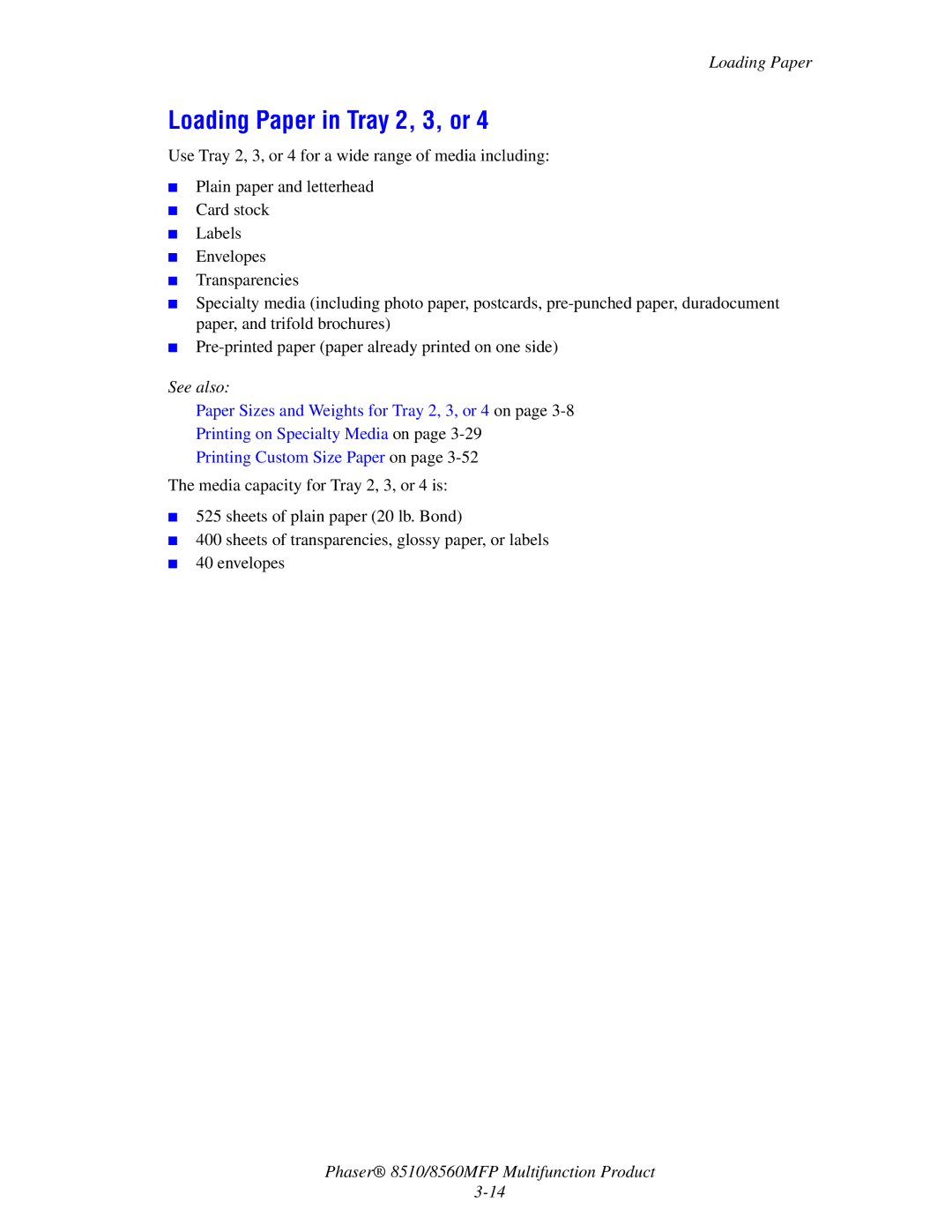 Xerox 8510 manual Loading Paper in Tray 2, 3, or 