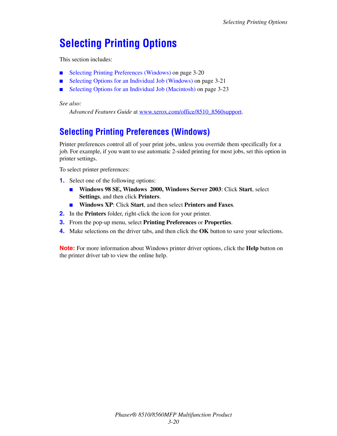 Xerox 8510 manual Selecting Printing Options, Selecting Printing Preferences Windows 