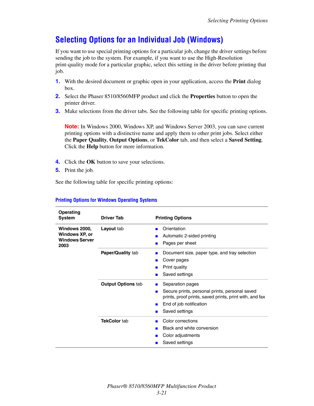 Xerox 8510 manual Selecting Options for an Individual Job Windows 