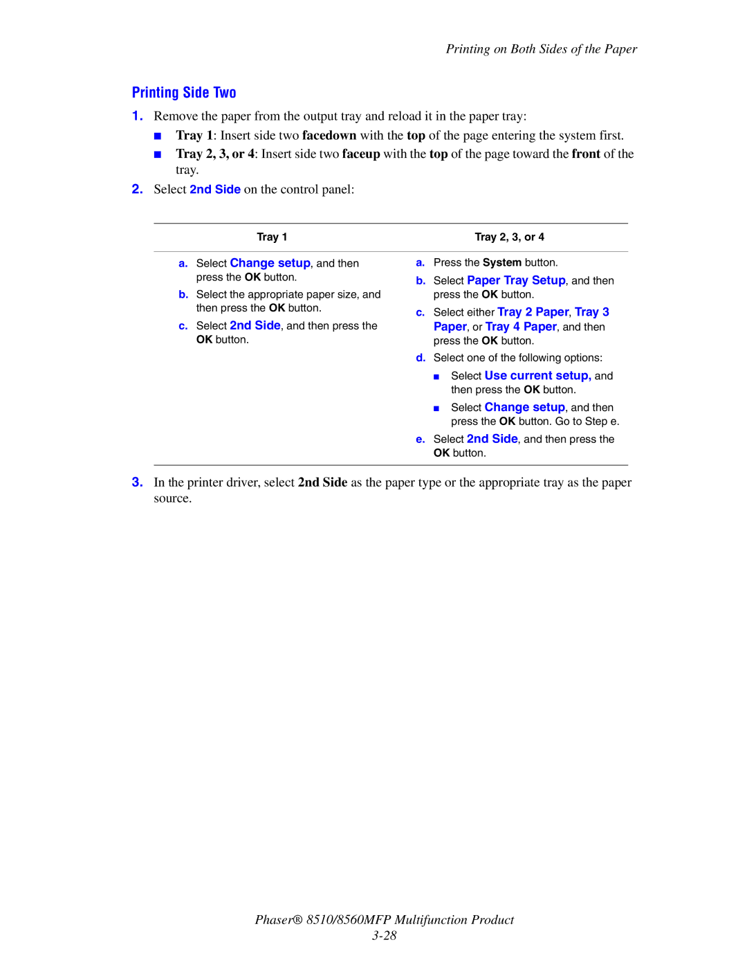 Xerox 8510 manual Printing Side Two, Tray Tray 2, 3, or 