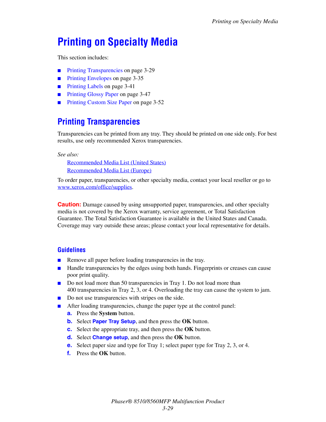 Xerox 8510 manual Printing on Specialty Media, Printing Transparencies, Guidelines 