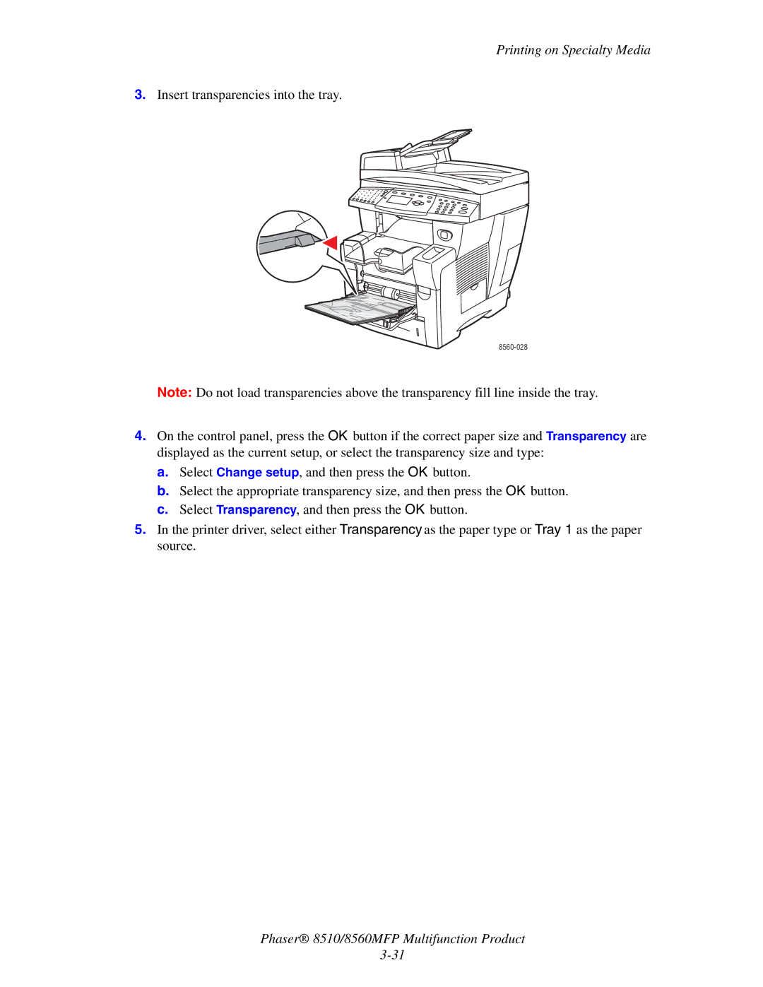 Xerox 8510 manual Insert transparencies into the tray 