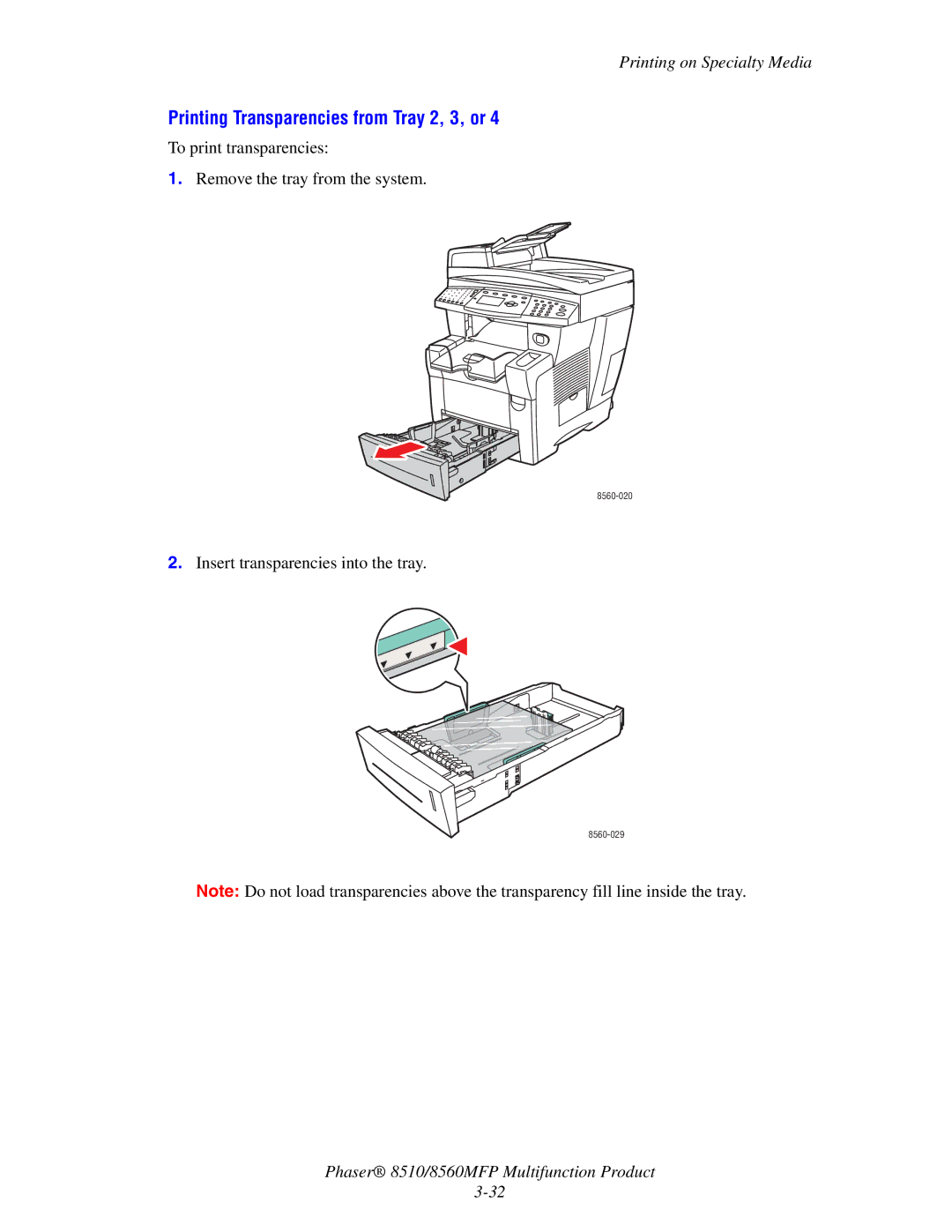 Xerox 8510 manual Printing Transparencies from Tray 2, 3, or 