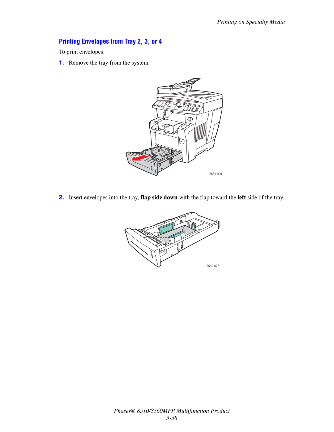 Xerox 8510 manual Printing Envelopes from Tray 2, 3, or 