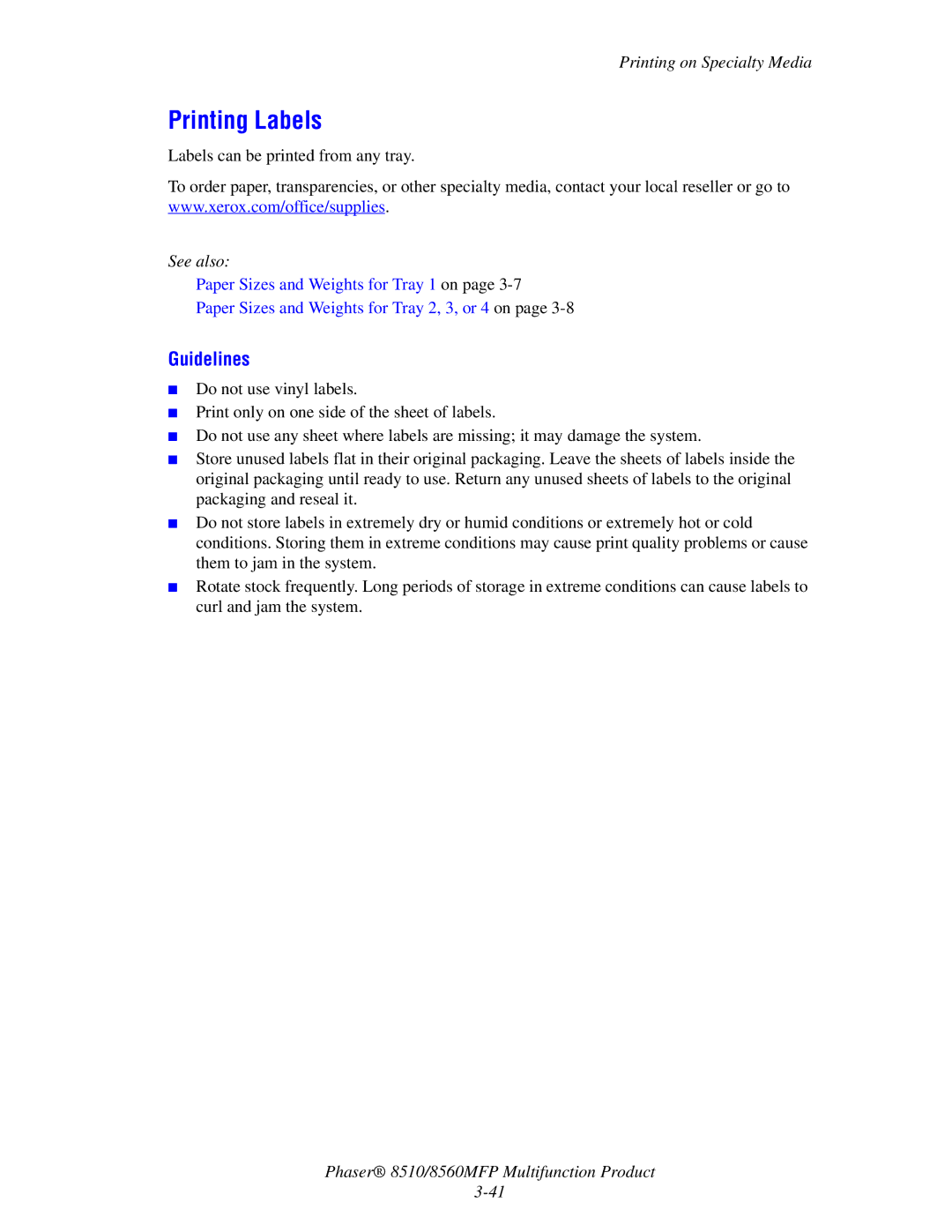 Xerox 8510 manual Printing Labels, Guidelines 