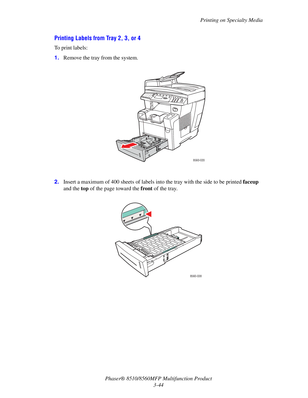 Xerox 8510 manual Printing Labels from Tray 2, 3, or 