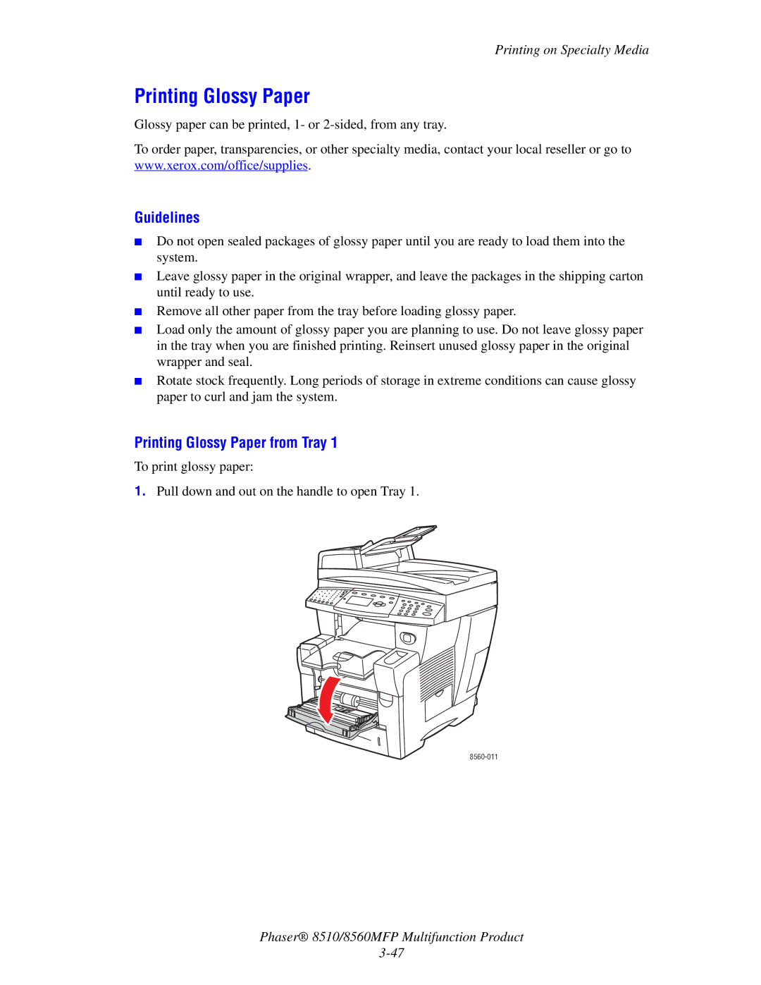 Xerox 8510 manual Printing Glossy Paper from Tray 