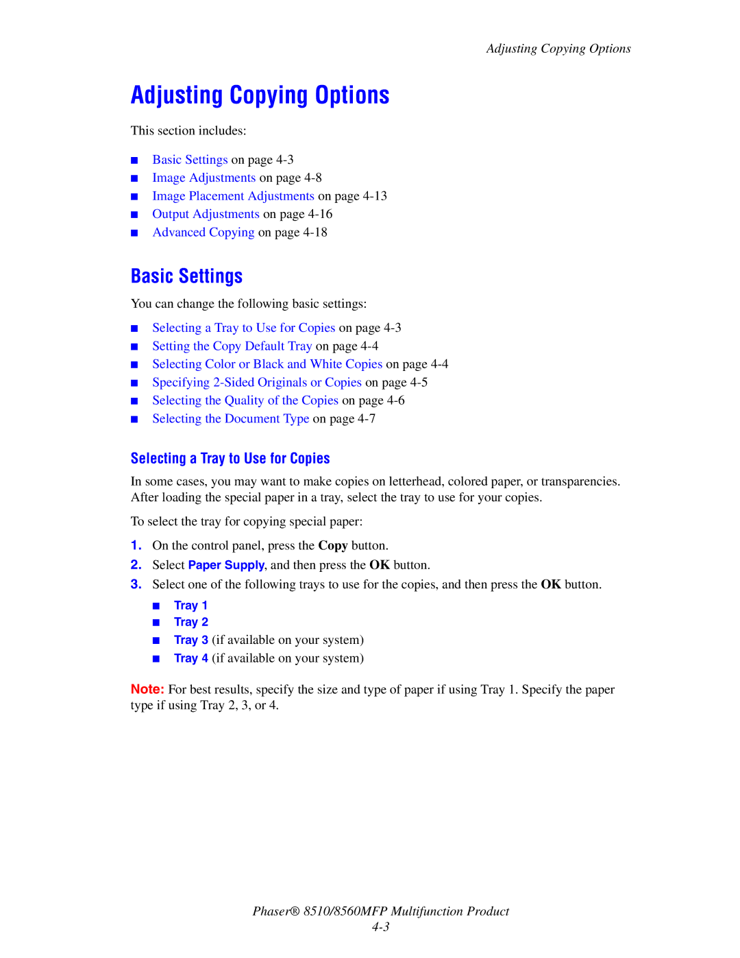 Xerox 8510 manual Adjusting Copying Options, Basic Settings, Selecting a Tray to Use for Copies 