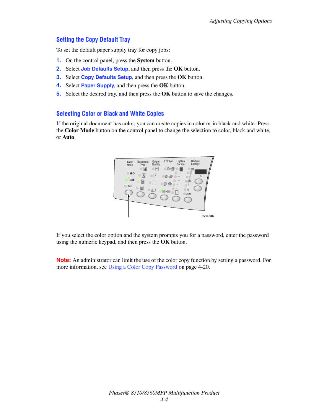 Xerox 8510 manual Setting the Copy Default Tray, Selecting Color or Black and White Copies 