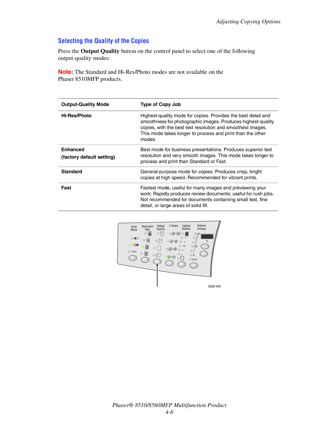 Xerox 8510 manual Selecting the Quality of the Copies 