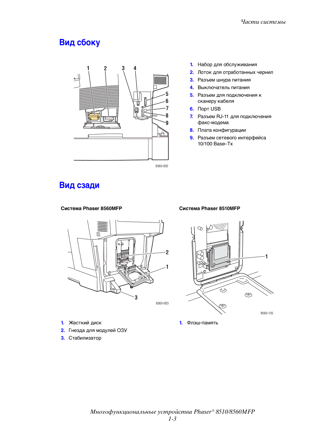 Xerox manual Вид сбоку, Вид сзади, Система Phaser 8560MFP Система Phaser 8510MFP 