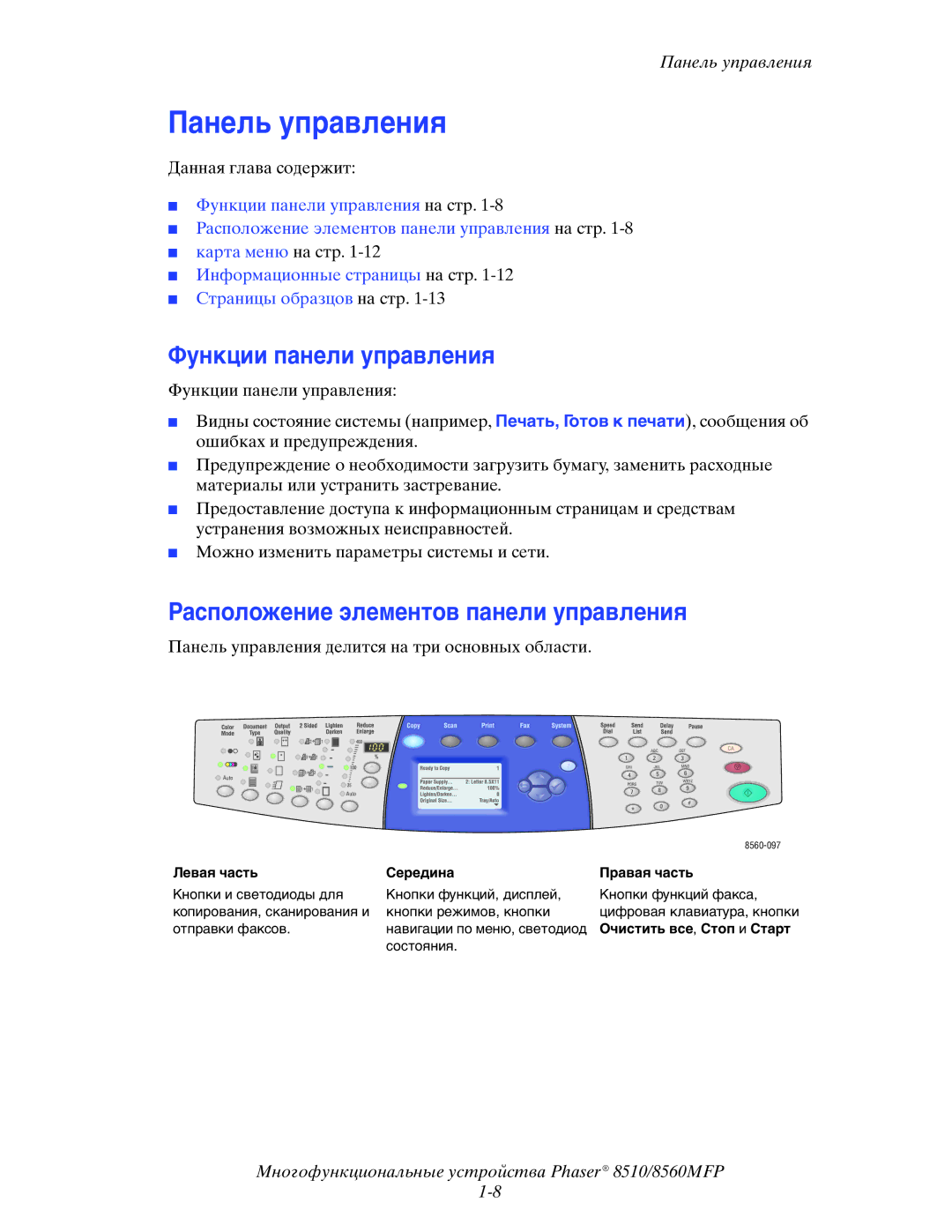 Xerox 8510MFP manual Панель управления, Функции панели управления, Расположение элементов панели управления 