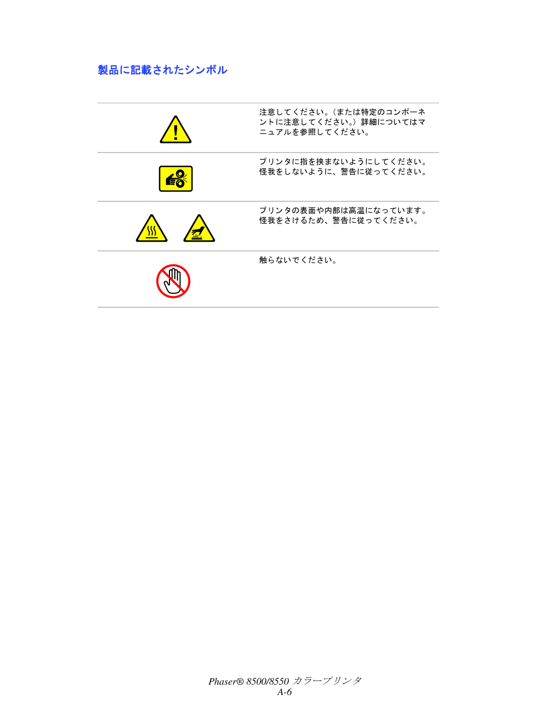 Xerox 8500, 8550 manual 製品に記載されたシンボル 