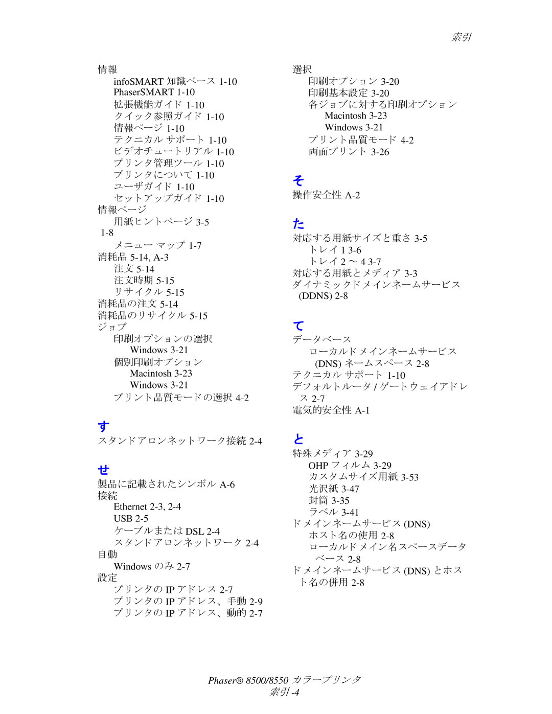 Xerox 8500, 8550 拡張機能ガイ ド ッ ク参照ガイ ド 1-10情報ページ, ト ア ップガイ ド 1-10情報ページ 用紙 ヒ ン ト ページ ニュー マ ップ 1-7消耗品 5-14,A-3, ン ト 品質モード の選択 