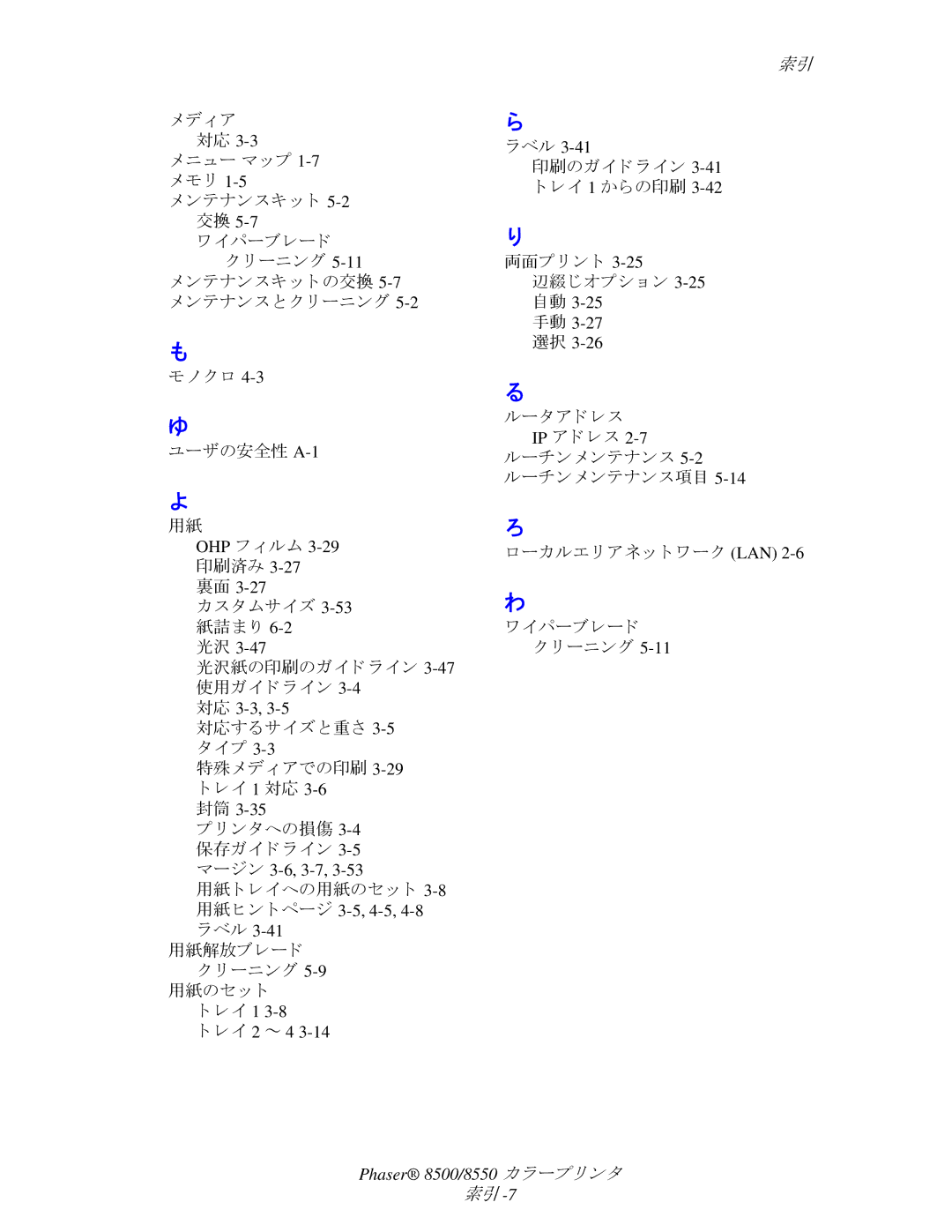 Xerox 8550 メデ ィ ア ニュー マ ップ 1-7メ モ リ ンテナンスキ ッ ト 5-2交換, 対応するサイズ と重さ 特殊メデ ィ アでの印刷 イ 1 対応 3-6封筒, 両面プ リ ン ト 辺綴じオプシ ョ ン 3-25自動 