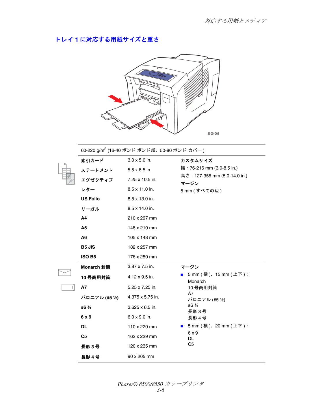 Xerox 8500, 8550 manual レイ 1 に対応する用紙サイズと重さ, リーガル 