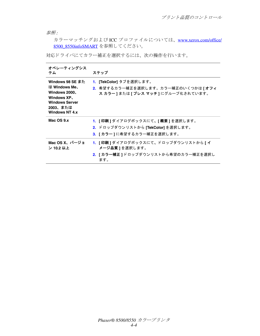 Xerox 8550, 8500 manual 対応ド ラ イバにてカ ラー補正を選択するには、 次の操作を行います。 