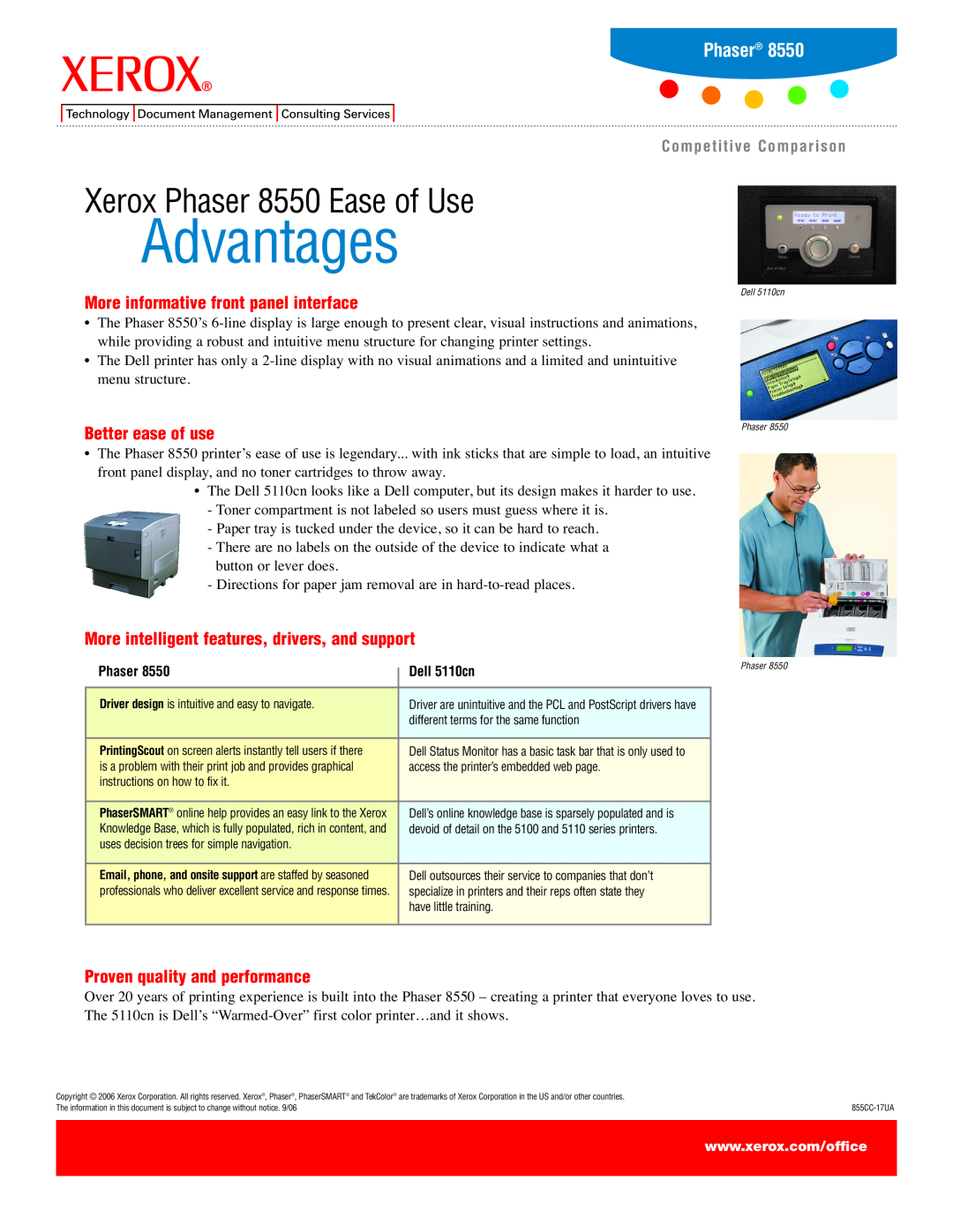 Xerox manual Xerox Phaser 8550 Ease of Use, Advantages, More informative front panel interface, Better ease of use 