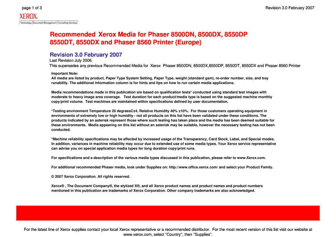 Xerox 8550DP, 8550DX, 8550DT, 8500DN, 8500DX specifications Revision 3.0 February, page 1 of, Last Revision July 