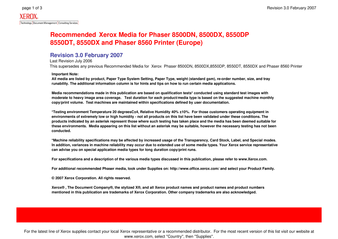 Xerox 8550DP, 8550DX, 8550DT, 8500DN, 8500DX specifications Revision 3.0 February 