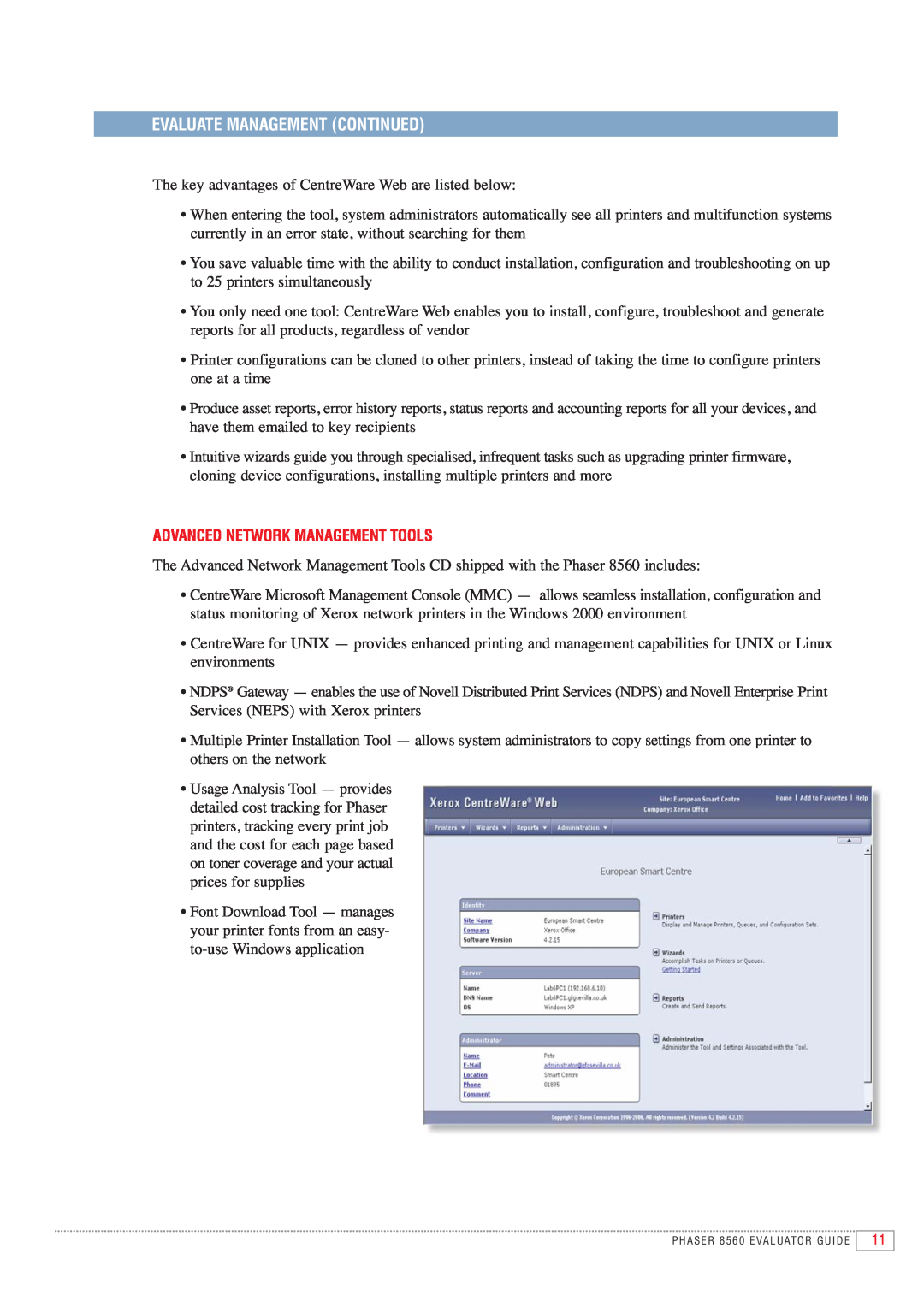 Xerox 8560 manual Evaluate Management Continued, Advanced Network Management Tools 