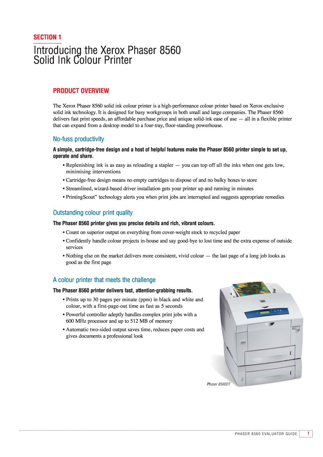 Xerox 8560 manual Introducing the Xerox Phaser Solid Ink Colour Printer, Section, Product Overview, No-fuss productivity 
