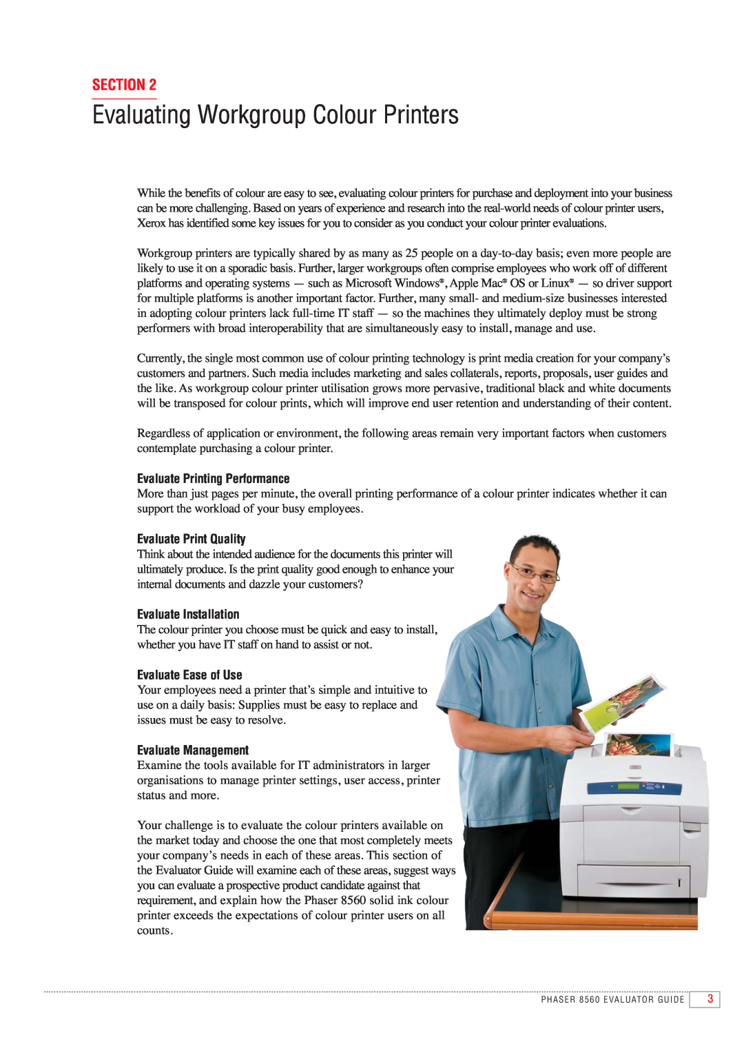 Xerox 8560 manual Evaluating Workgroup Colour Printers, Section, Evaluate Printing Performance, Evaluate Print Quality 
