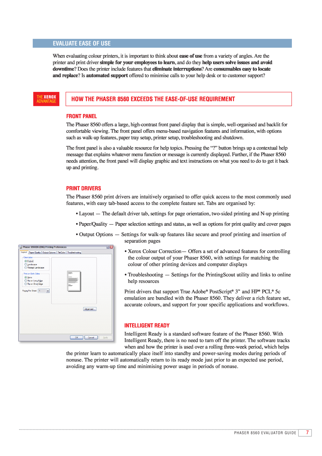 Xerox manual Evaluate Ease Of Use, HOW THE PHASER 8560 EXCEEDS THE EASE-OF-USE REQUIREMENT, Front Panel, Print Drivers 