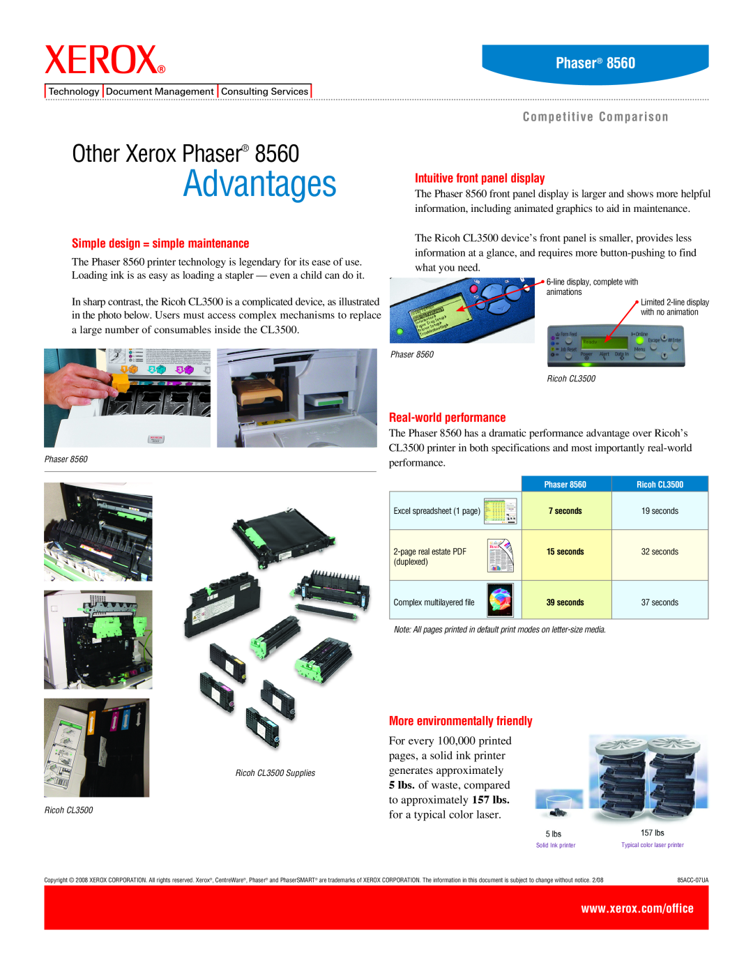 Xerox 8560 manual Advantages, Other Xerox Phaser, Competitive Comparison, Simple design = simple maintenance 