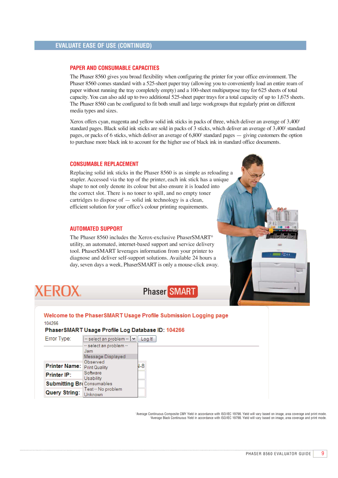 Xerox 8560 manual Paper and Consumable Capacities, Consumable Replacement, Automated Support 