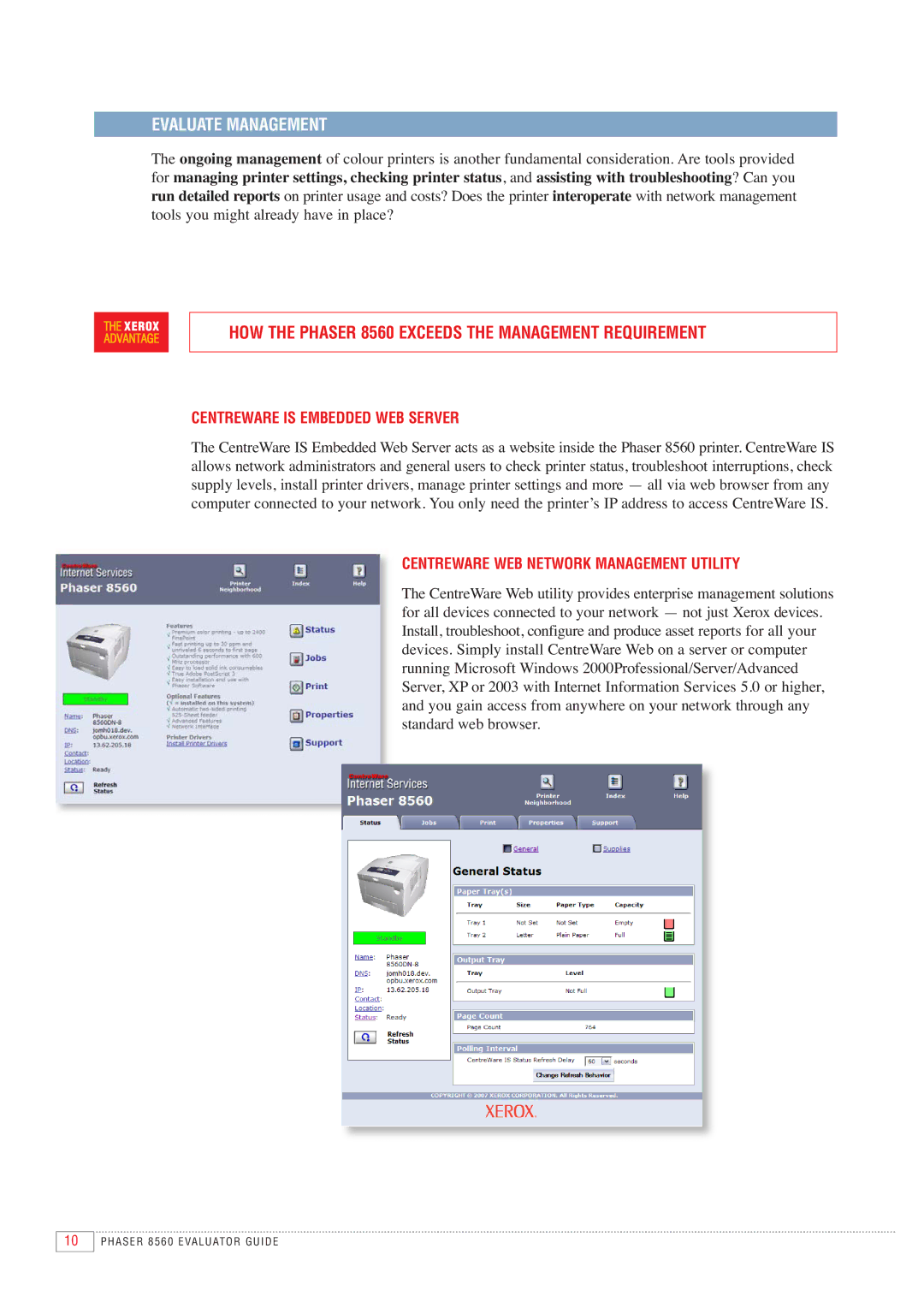 Xerox 8560 manual Evaluate Management, Centreware is Embedded WEB Server, Centreware WEB Network Management Utility 