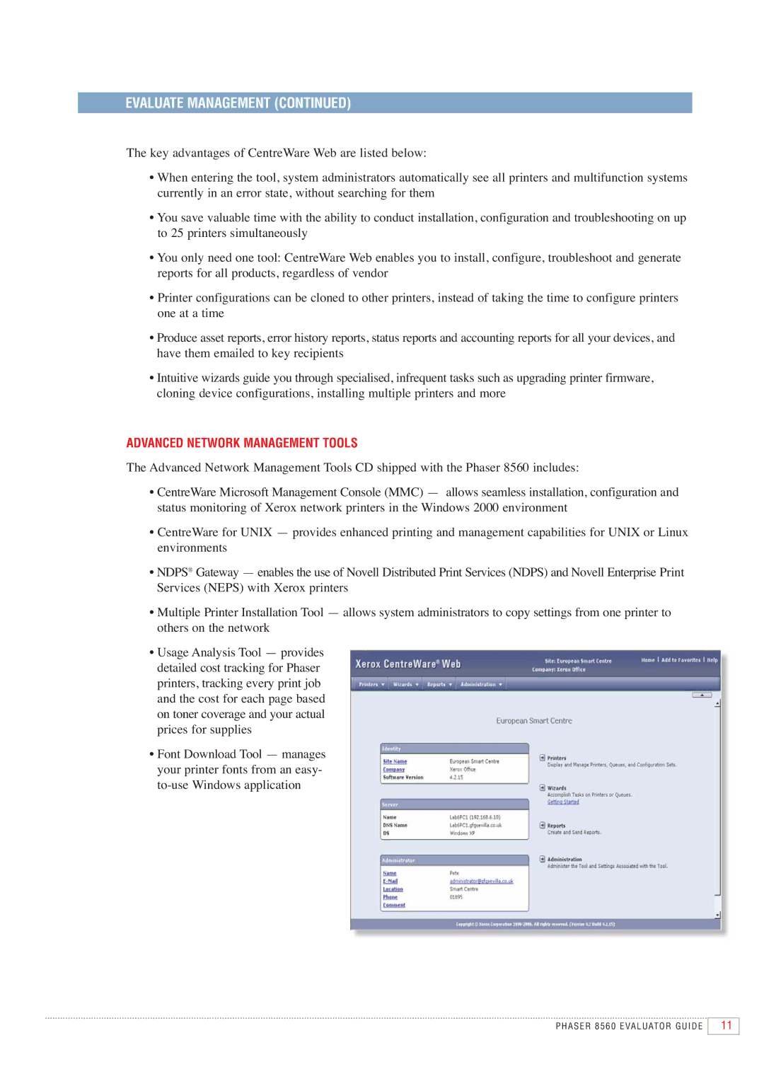 Xerox 8560 manual Advanced Network Management Tools 