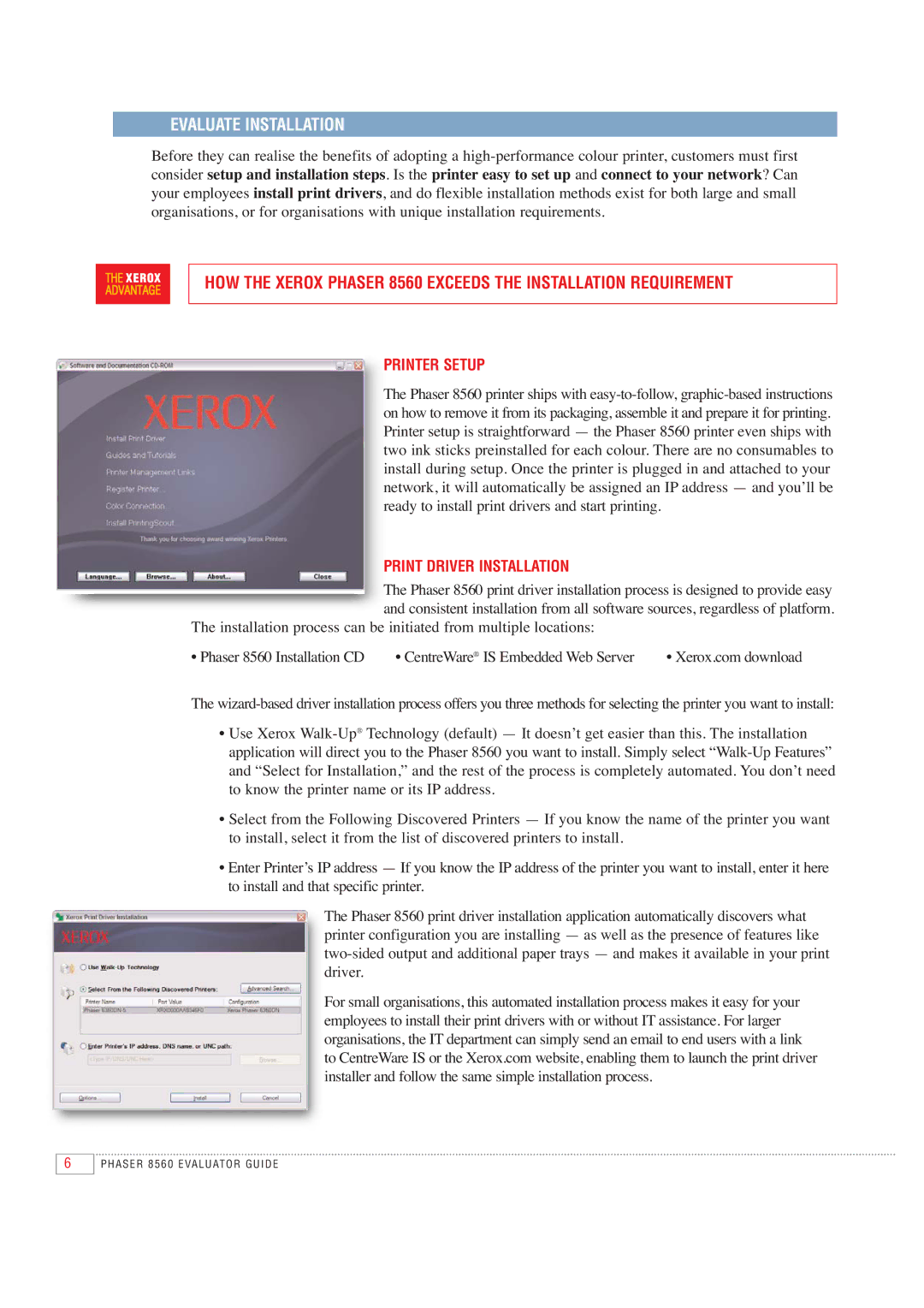Xerox 8560 manual Evaluate Installation, Printer Setup, Print Driver Installation 
