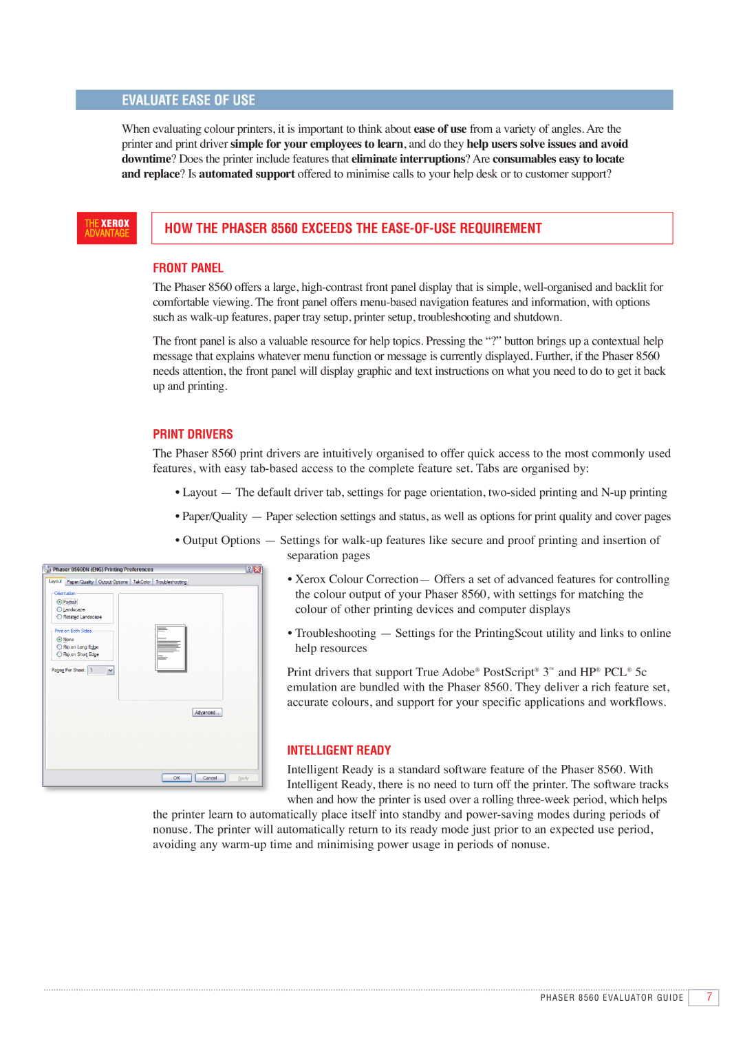 Xerox 8560 manual Evaluate Ease of USE, Front Panel, Print Drivers, Intelligent Ready 