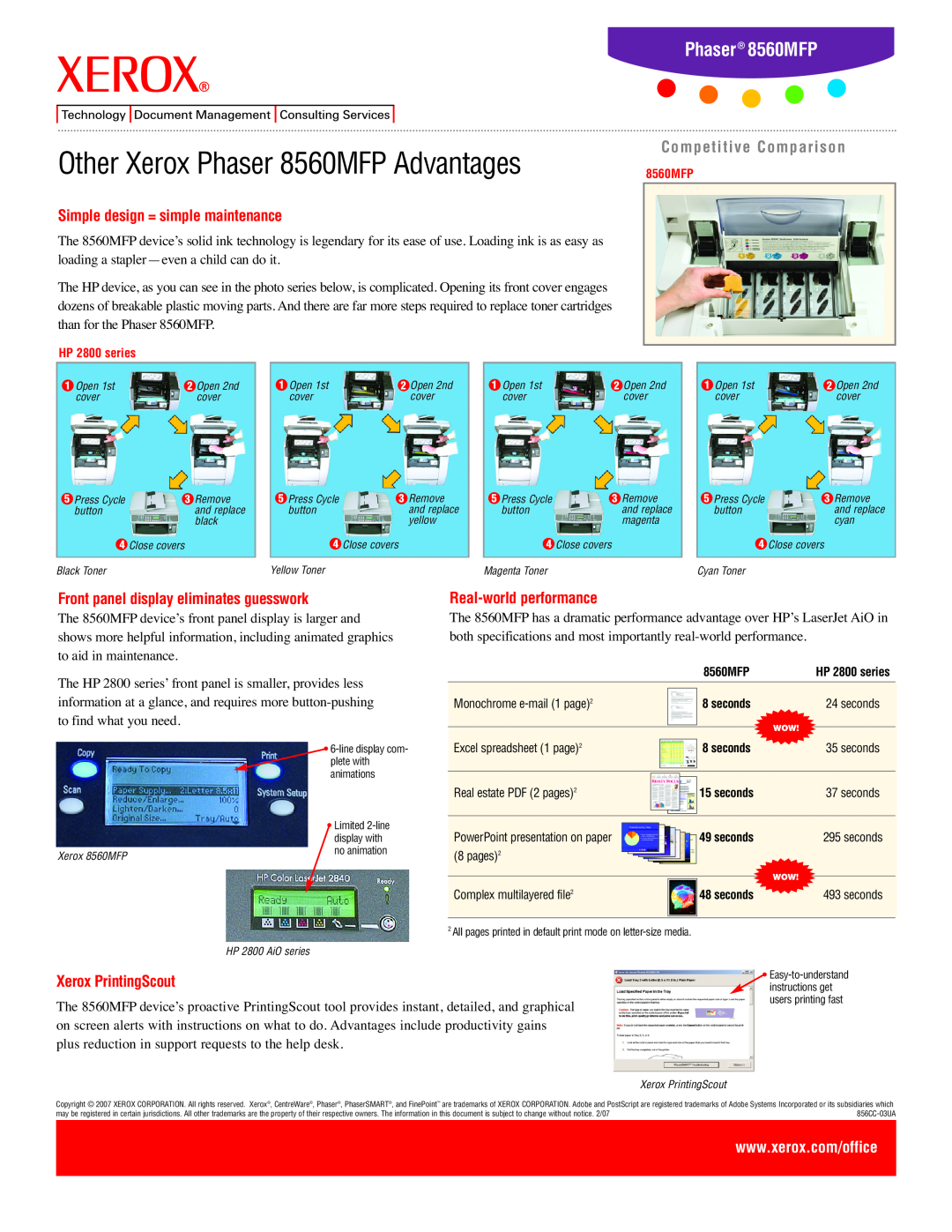 Xerox 8560MFP, 2820 Simple design = simple maintenance, Front panel display eliminates guesswork, Real-worldperformance 