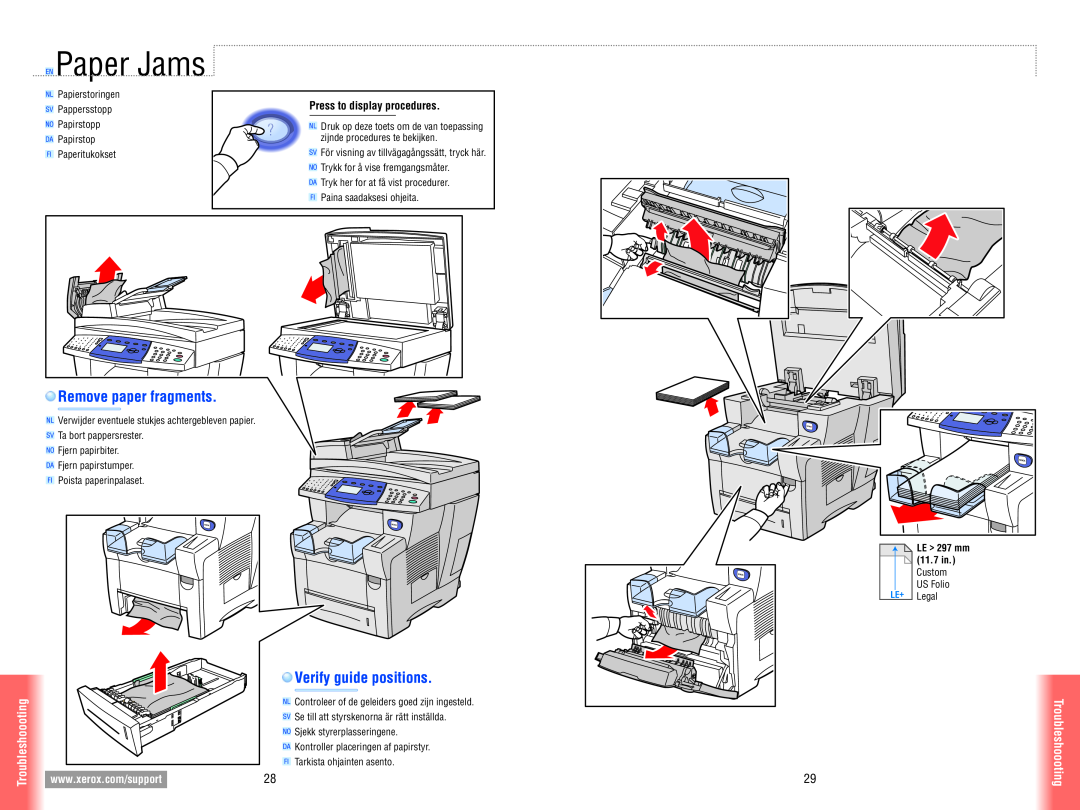 Xerox 8560MFP Paper Jams, Remove paper fragments, Verify guide positions, Press to display procedures, Troubleshoooting 