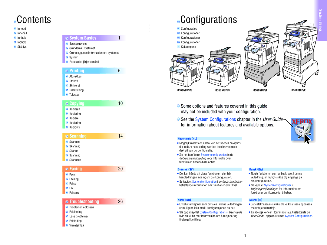 Xerox 8560MFP manual Contents, Configurations 