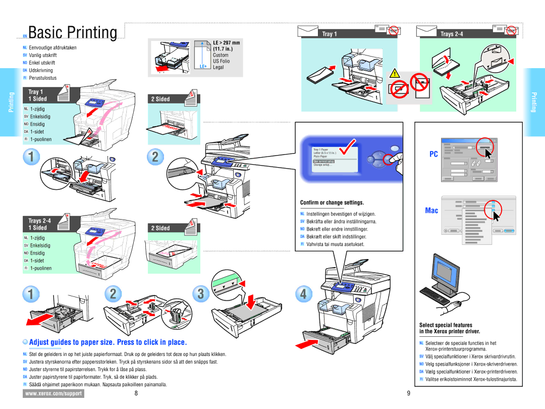 Xerox 8560MFP Basic Printing, Mac, Adjust guides to paper size. Press to click in place, Tray Trays Printing, Tray Sided 