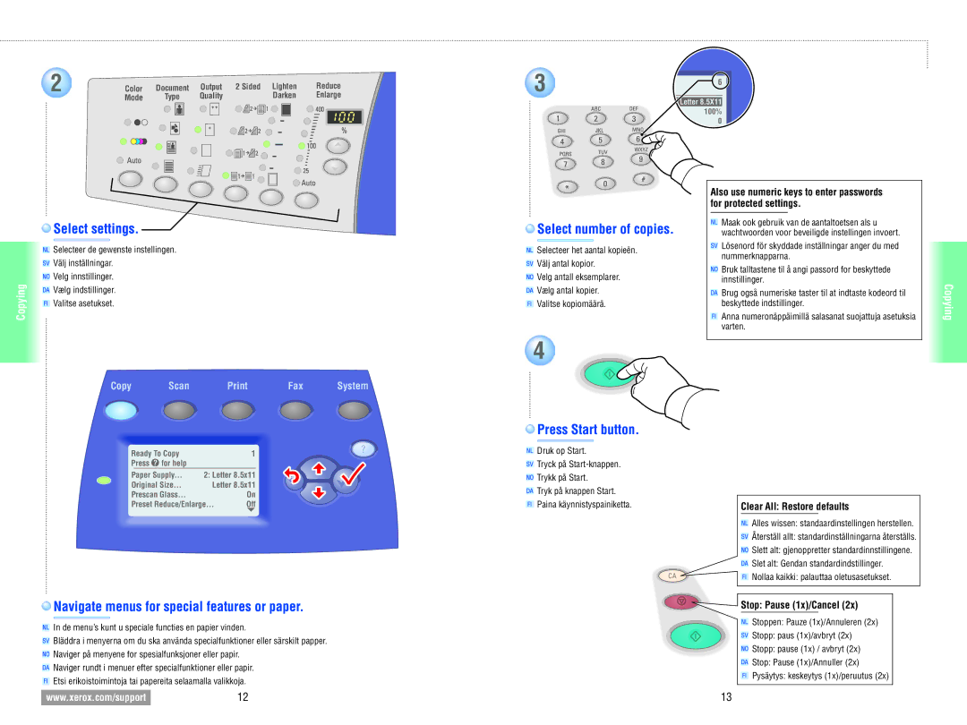 Xerox 8560MFP Select settings, Select number of copies, Press Start button, Navigate menus for special features or paper 