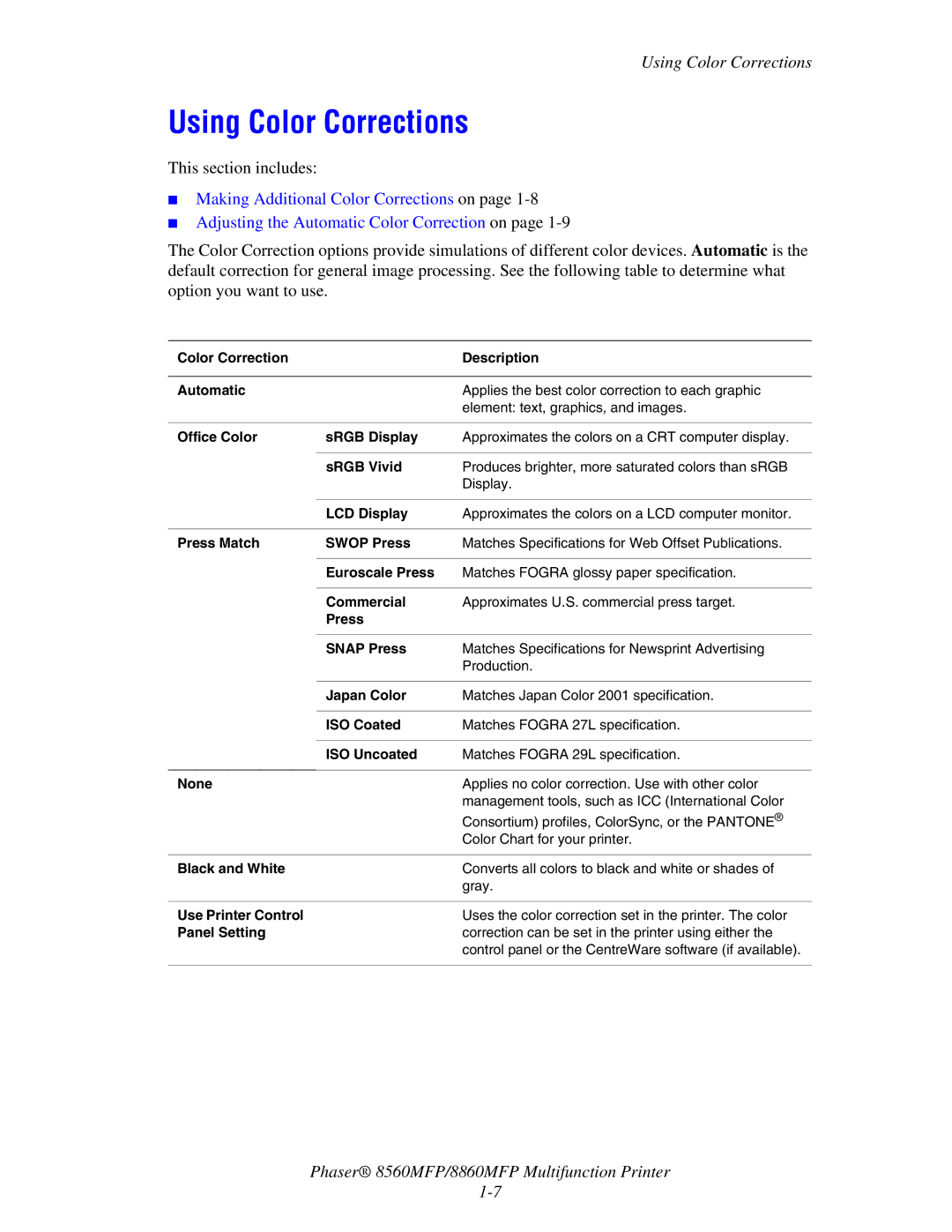 Xerox 8560MFP/8860MFP manual Using Color Corrections 